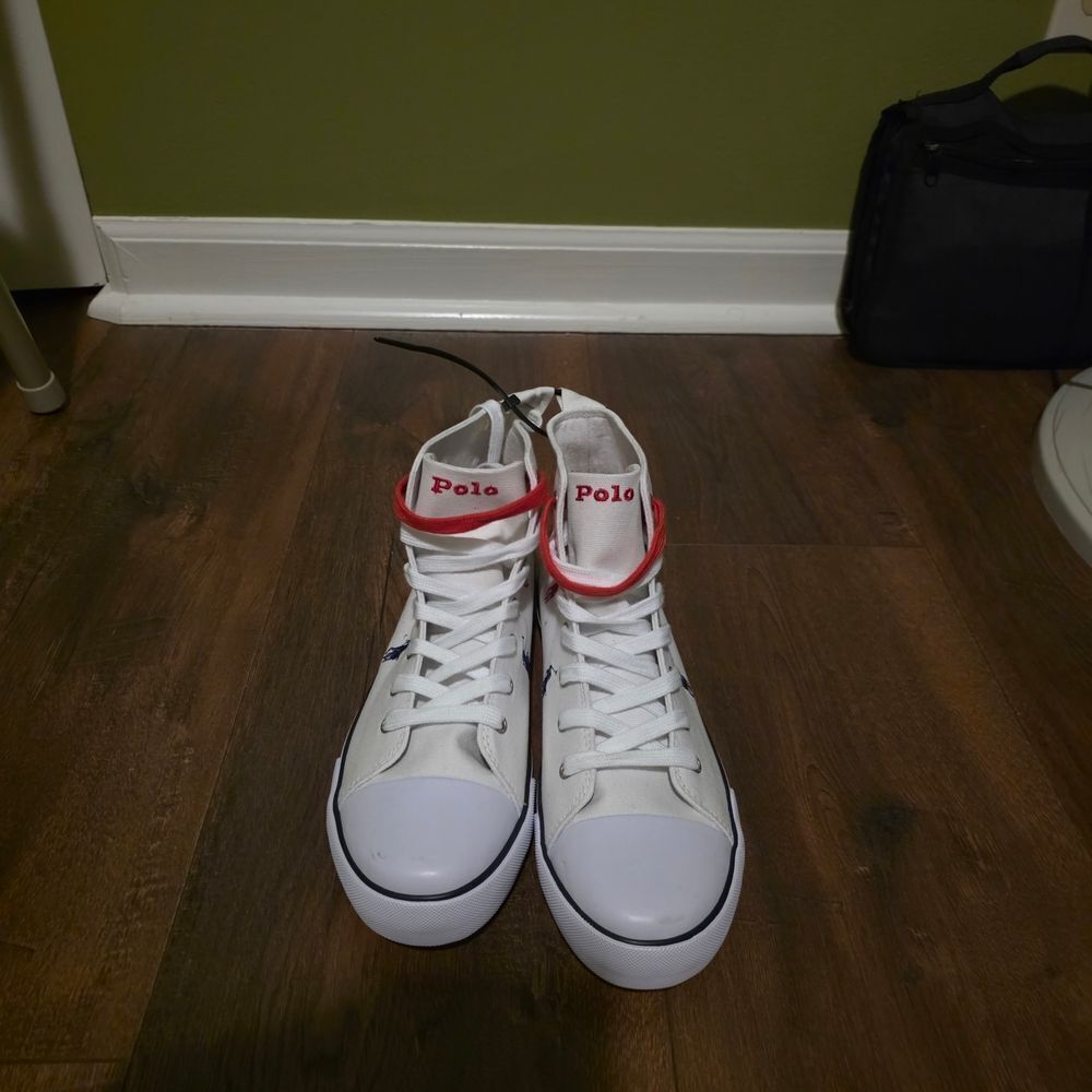NWT-Polo Ralph Lauren White High-Top Sneakers with Multicolor Embroidery - Picture 13 of 16